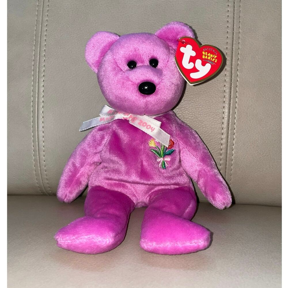 TY Beanie Babies 'Mother 2004' Mother's Day Pink Bear with Flower Embroidery